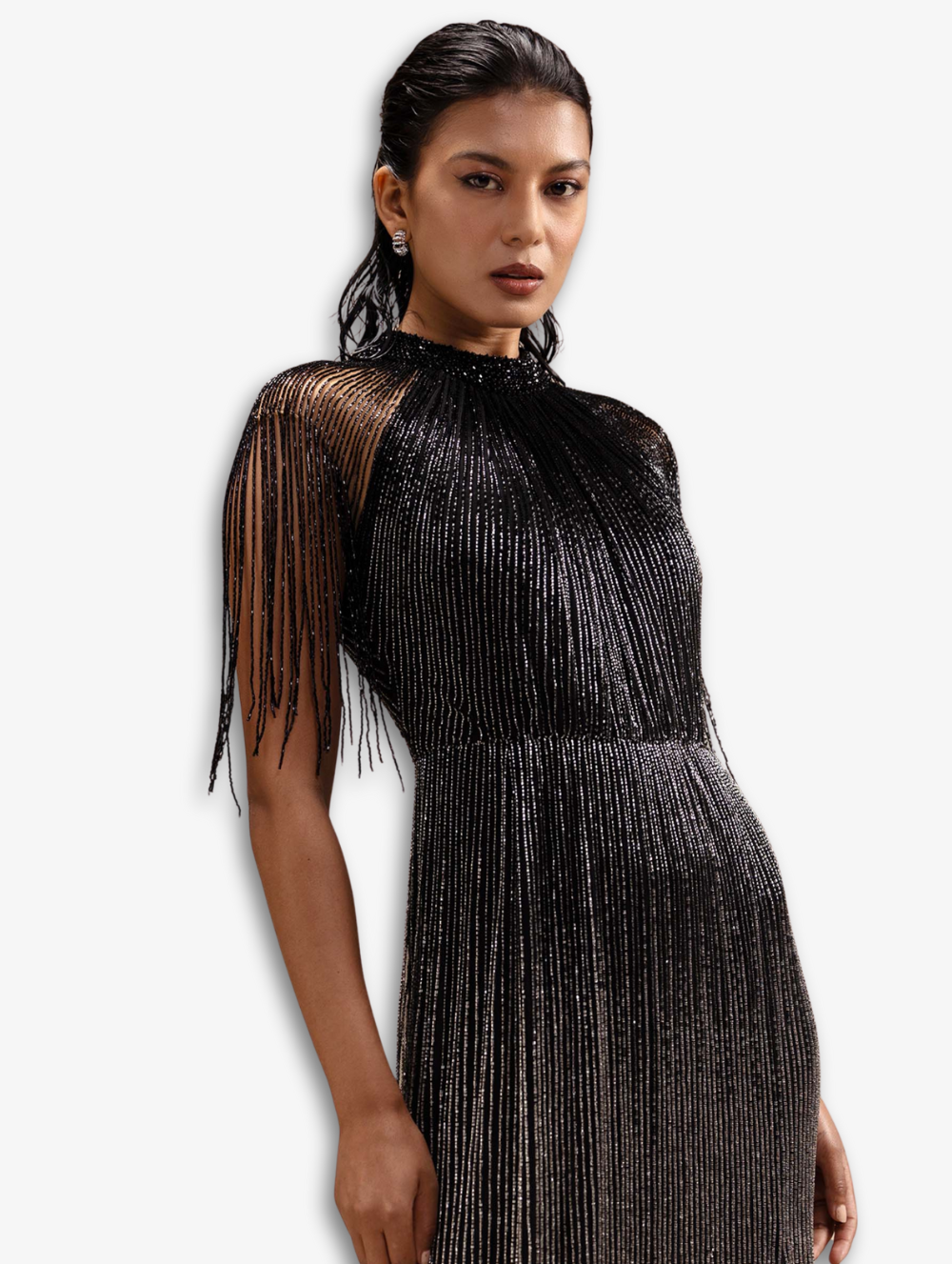 فستان رسمي طويل أسود مزين بشرابات - ستيلا