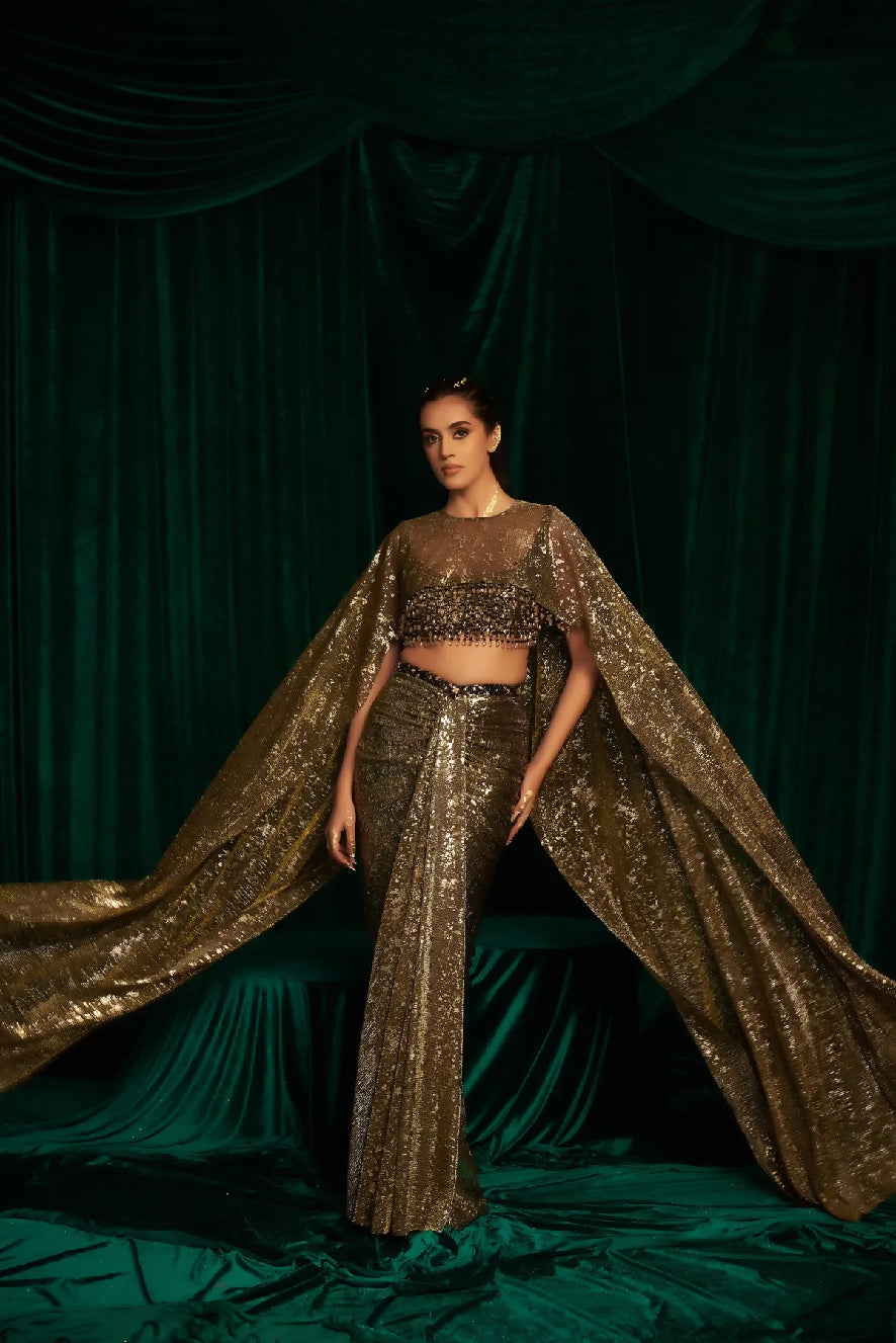 Drape Skirt With Long Cape Set