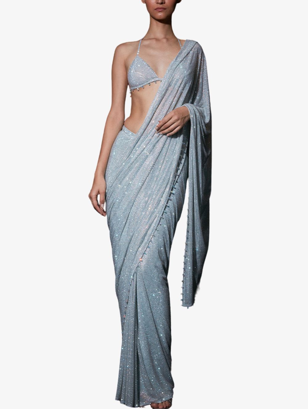 Sheer Blue Luxury Triangle Crystal Sari Set