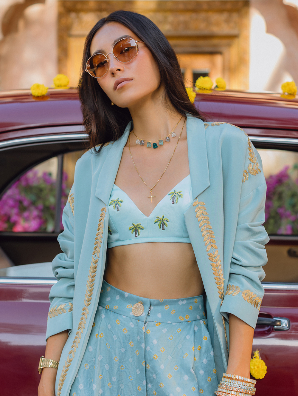 Blue Palm Trees + Sky Bandhini Set