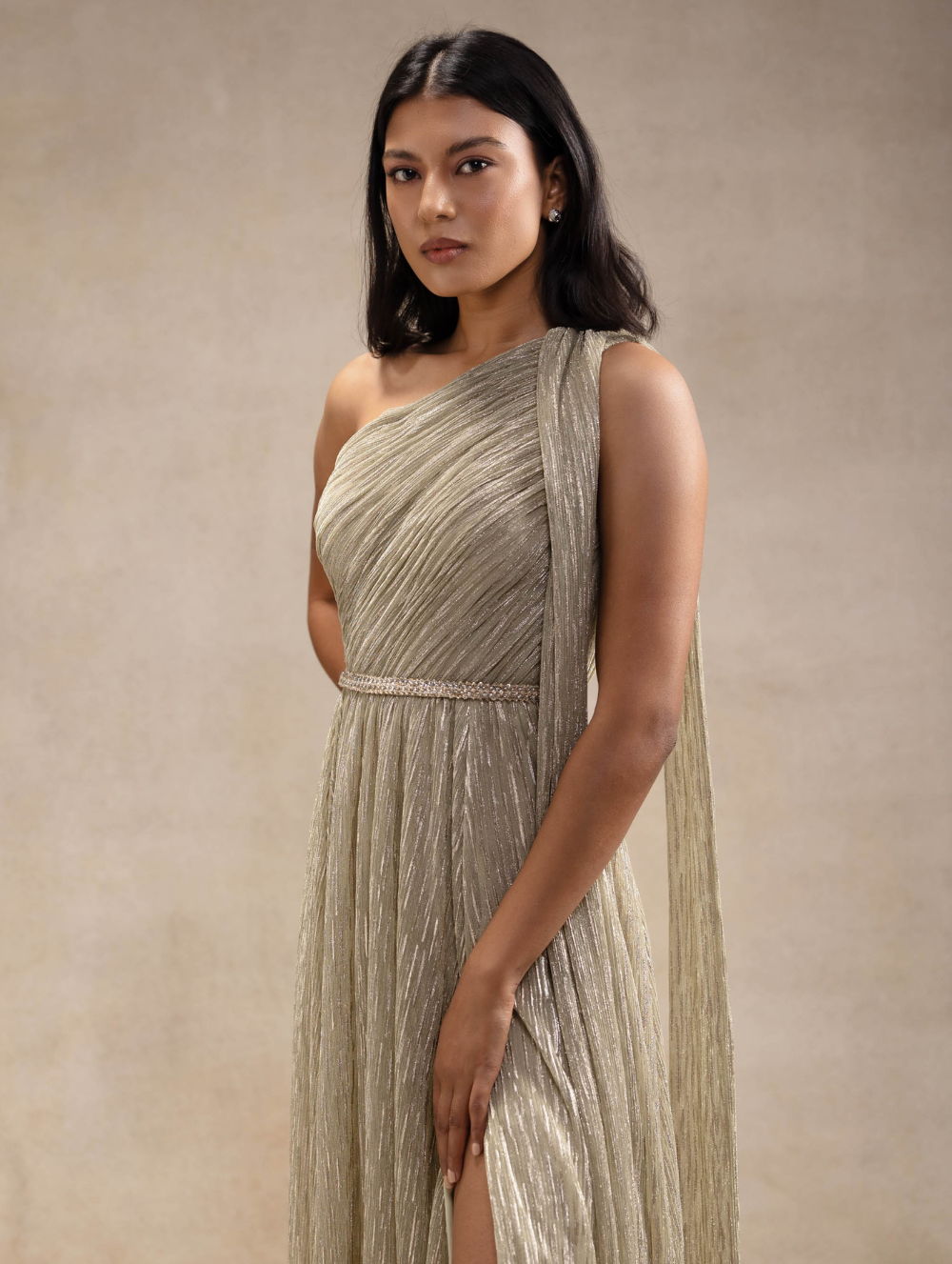 One Shoulder Long Gold Shimmer Dress - Juno