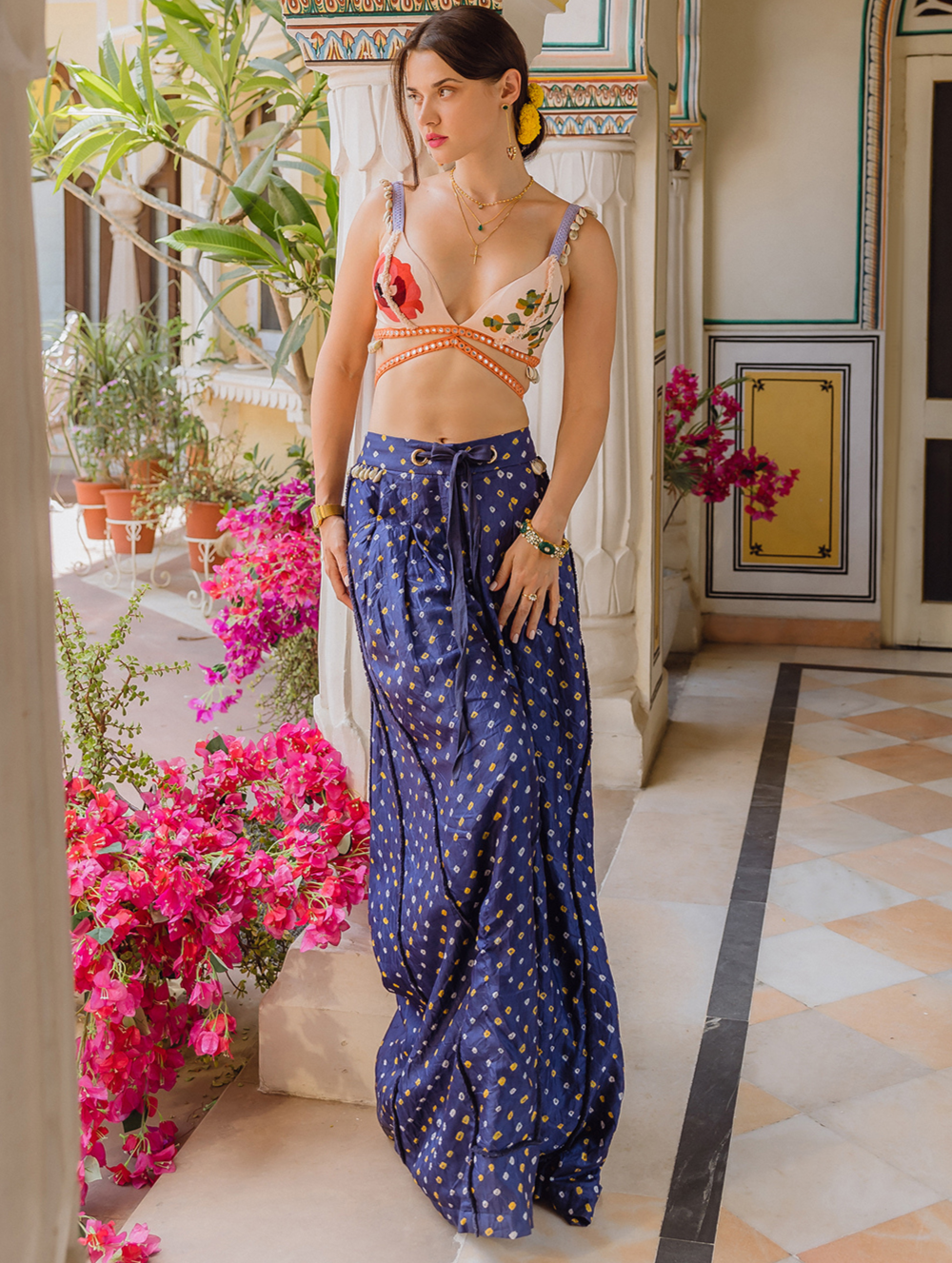 Navy Bandhini Red Flower Trousers + Bralette