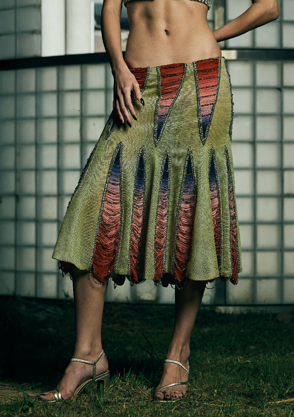 Gilded Blood-Red Godet Skirt