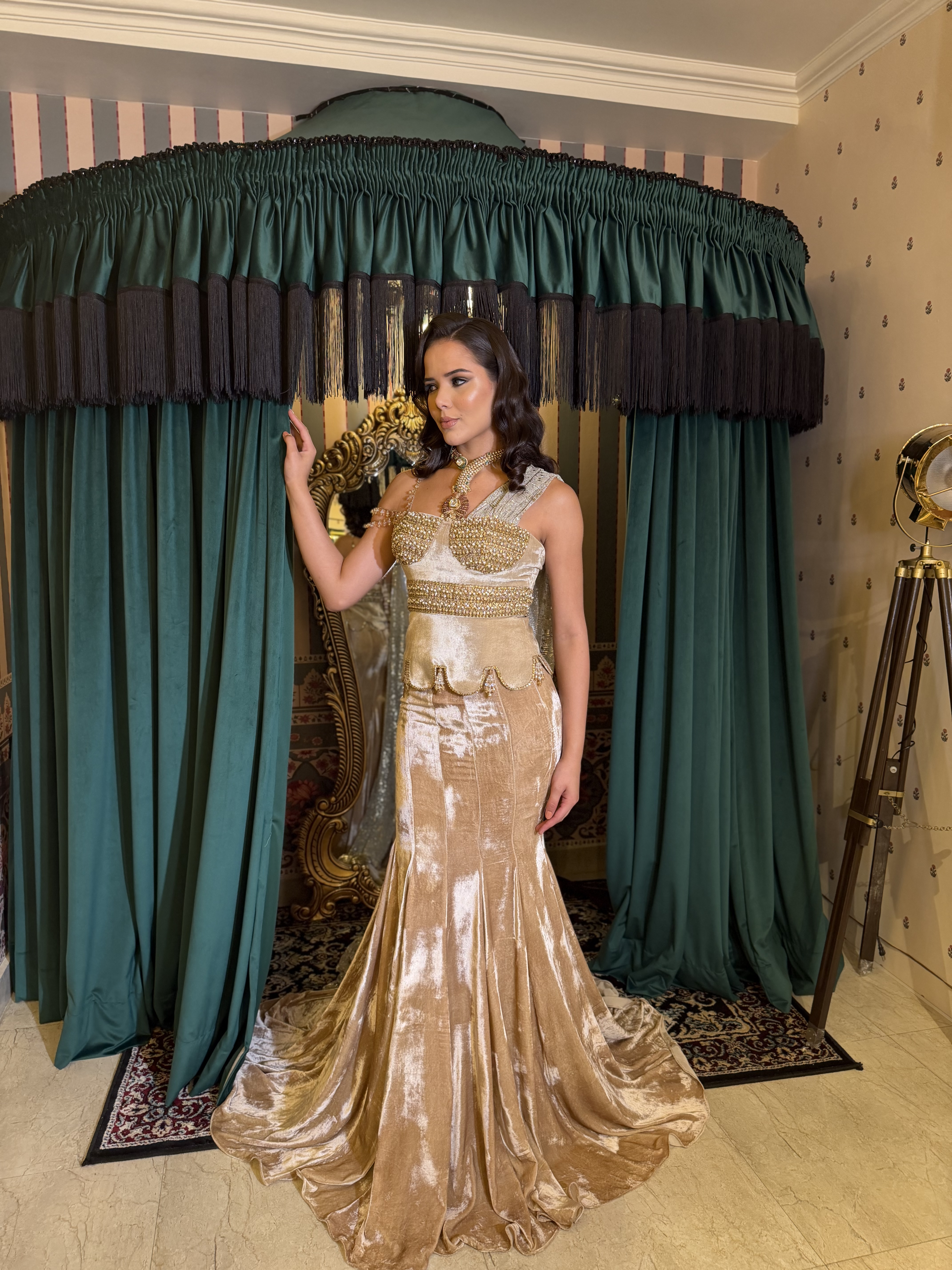 Gold silk velvet scallop top with fishtail skirt