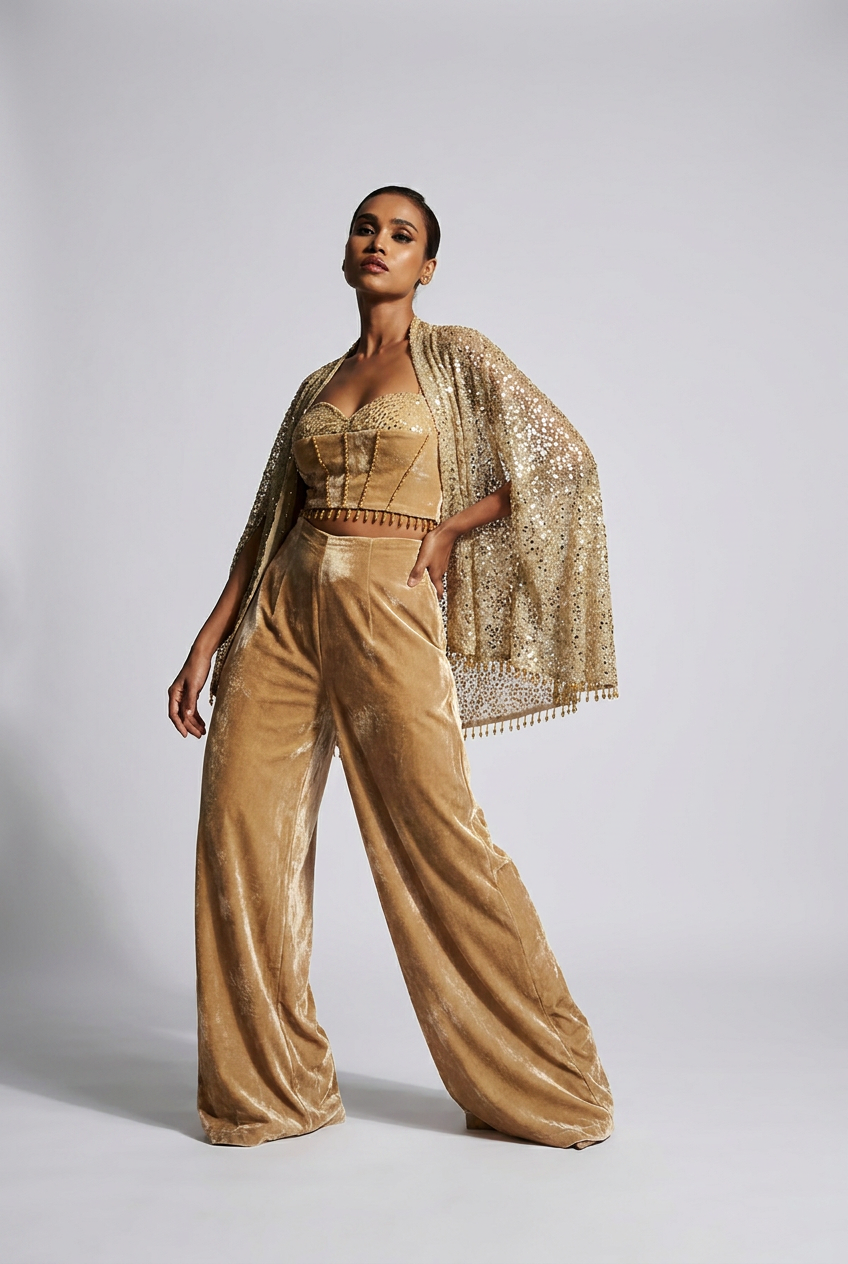 Velvet Flare Pants And Blouse Paired With Cape Jacket