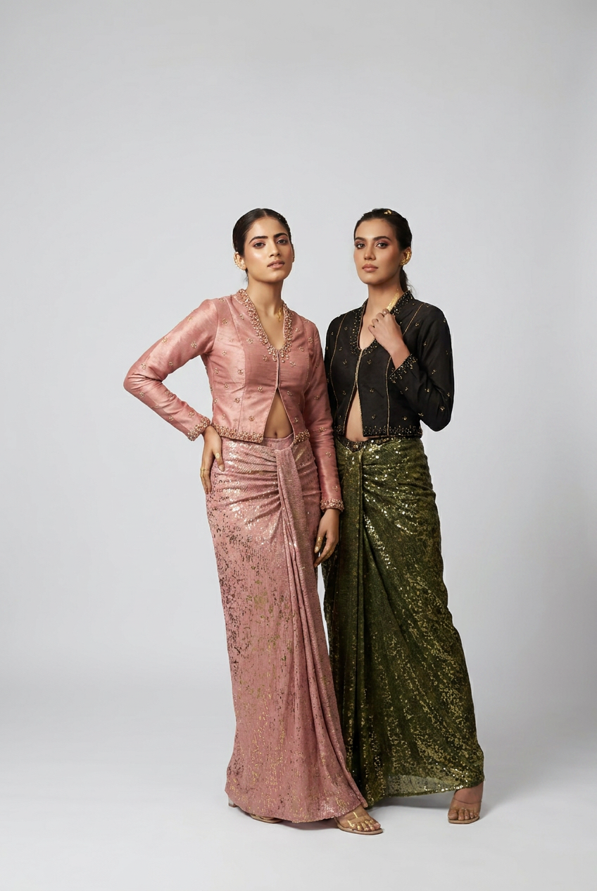 raw silk jacket with drape skirt