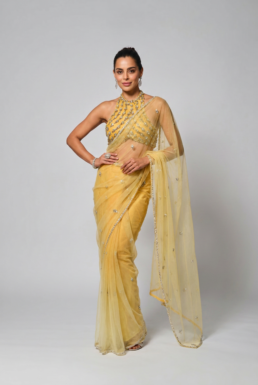 The sunset soiree yellow ombre saree set