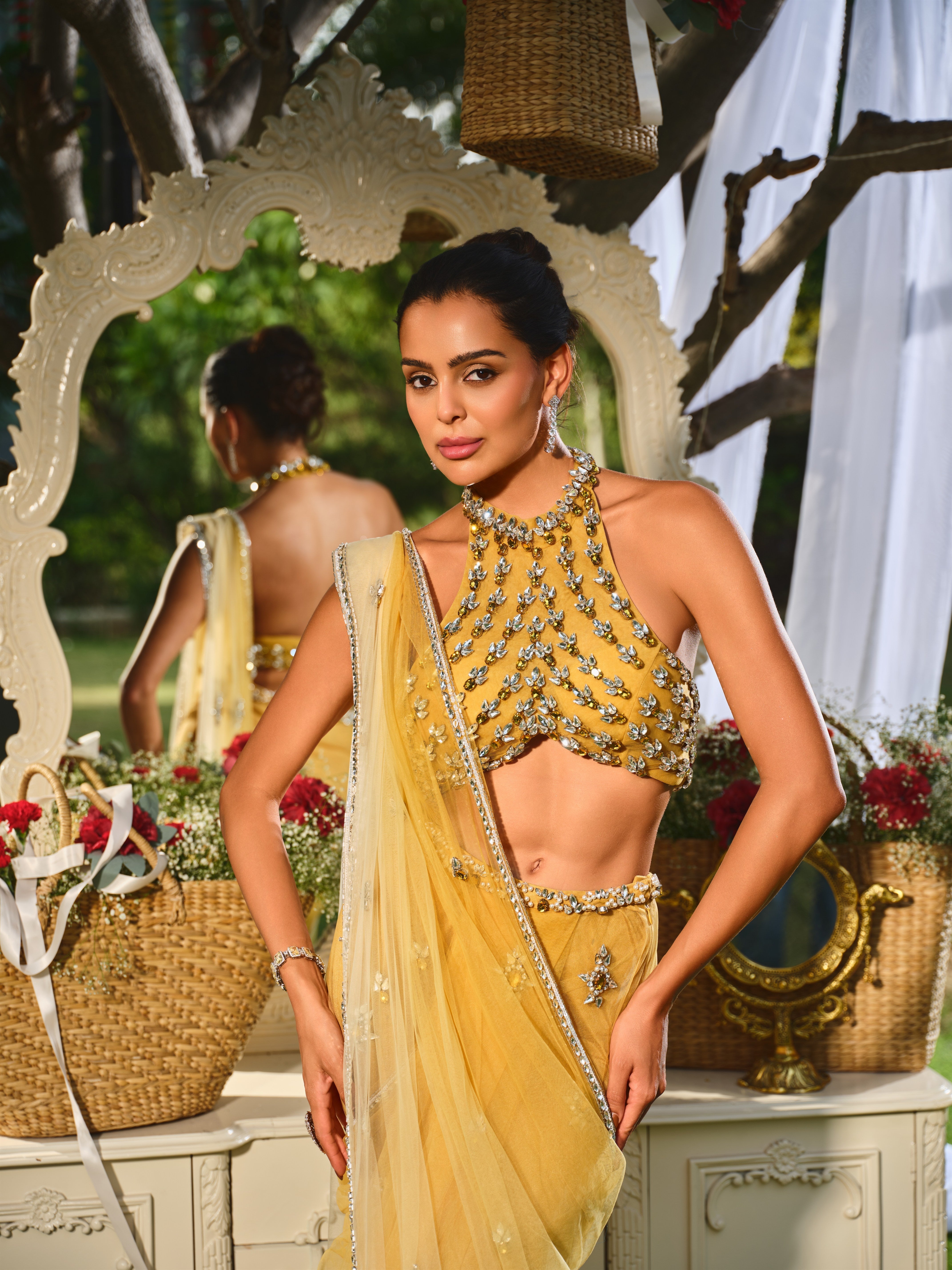 The sunset soiree yellow ombre saree set
