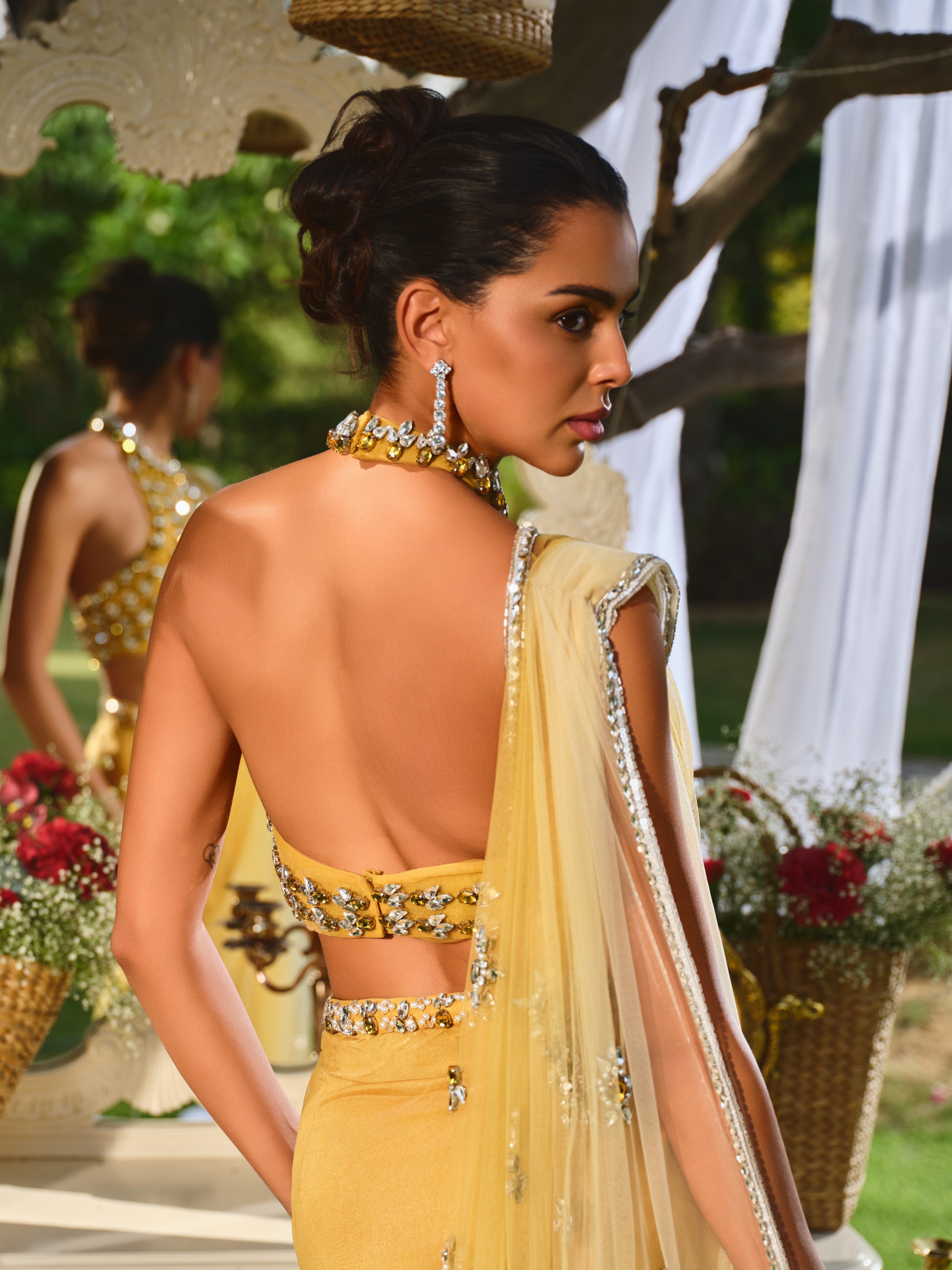 The sunset soiree yellow ombre saree set
