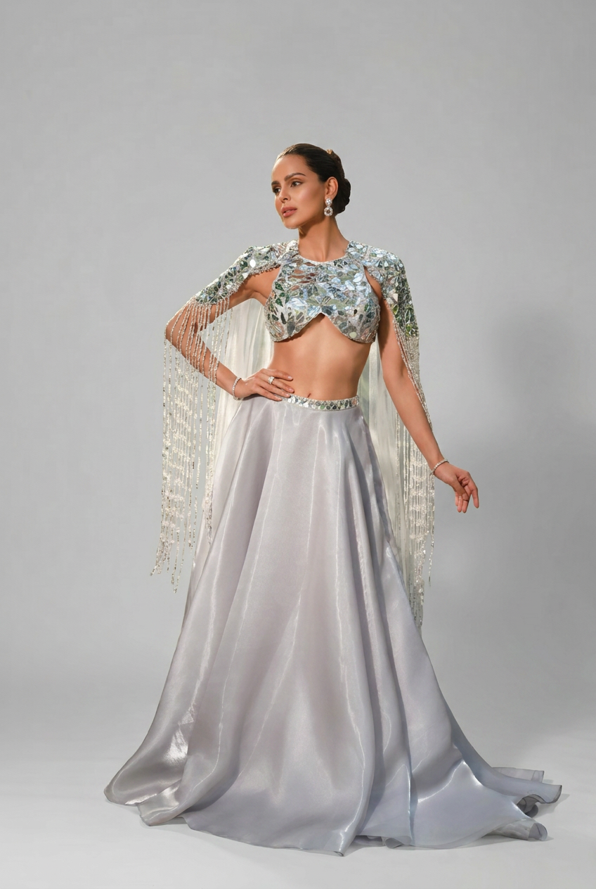 Maid for this silver Lehenga set