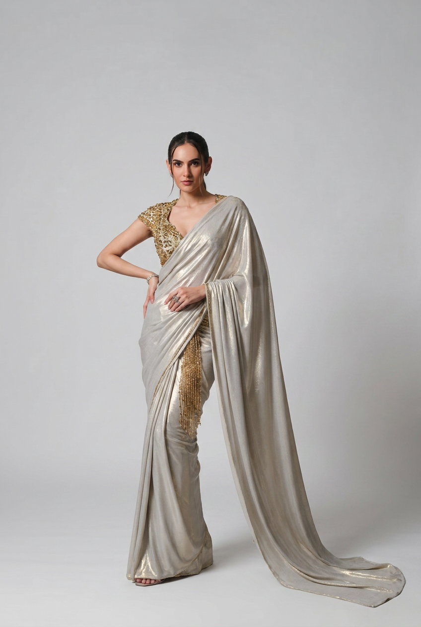 The beside her champagne saree set