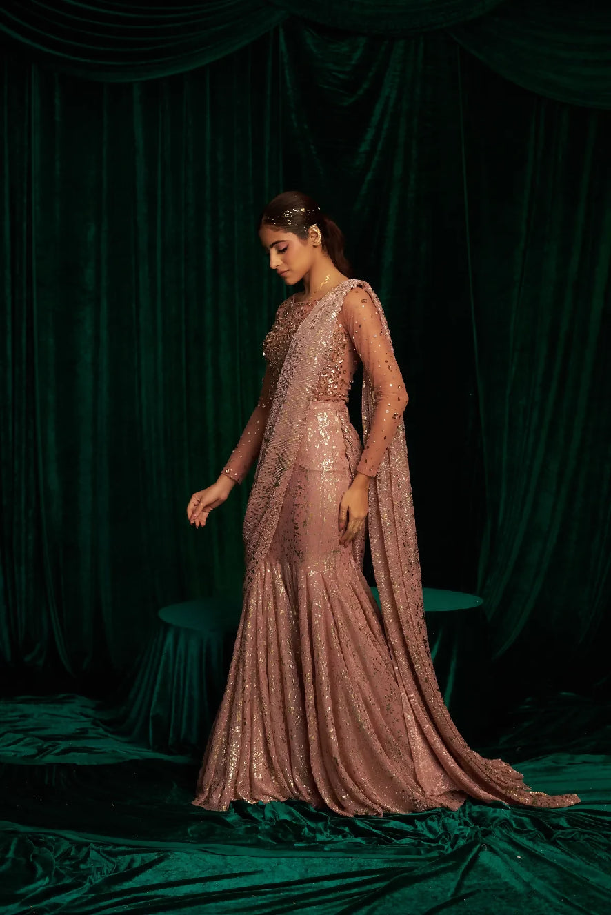 Full Sleeve Embellished Bodysuit With Fishtail Saree