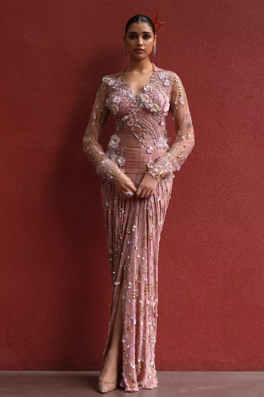 Chaya Collared Dress in Mocha Mousse & Peach