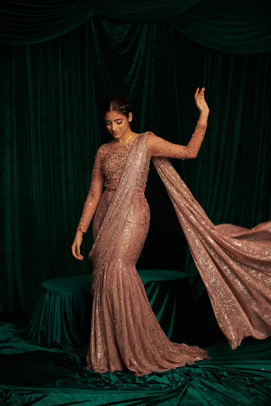 Full Sleeve Embellished Bodysuit With Fishtail Saree