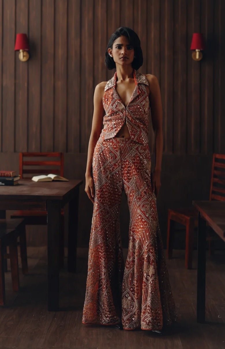 RUST BACKLESS WAISTCOAT & BOOTCUT PANTS SET