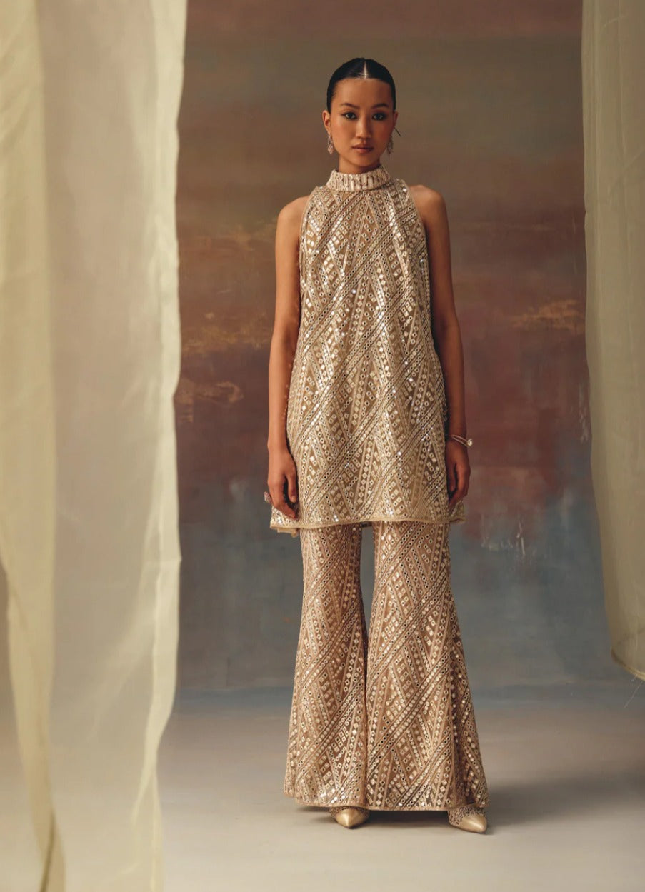Golden High-Neck Dress Top & Bell-Bottoms Set by Twenty Nine