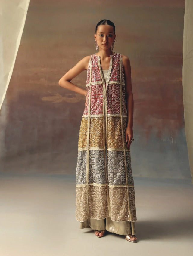 Multicolour Long Overlay, Bandeau & Palazzos Set by Twenty Nine