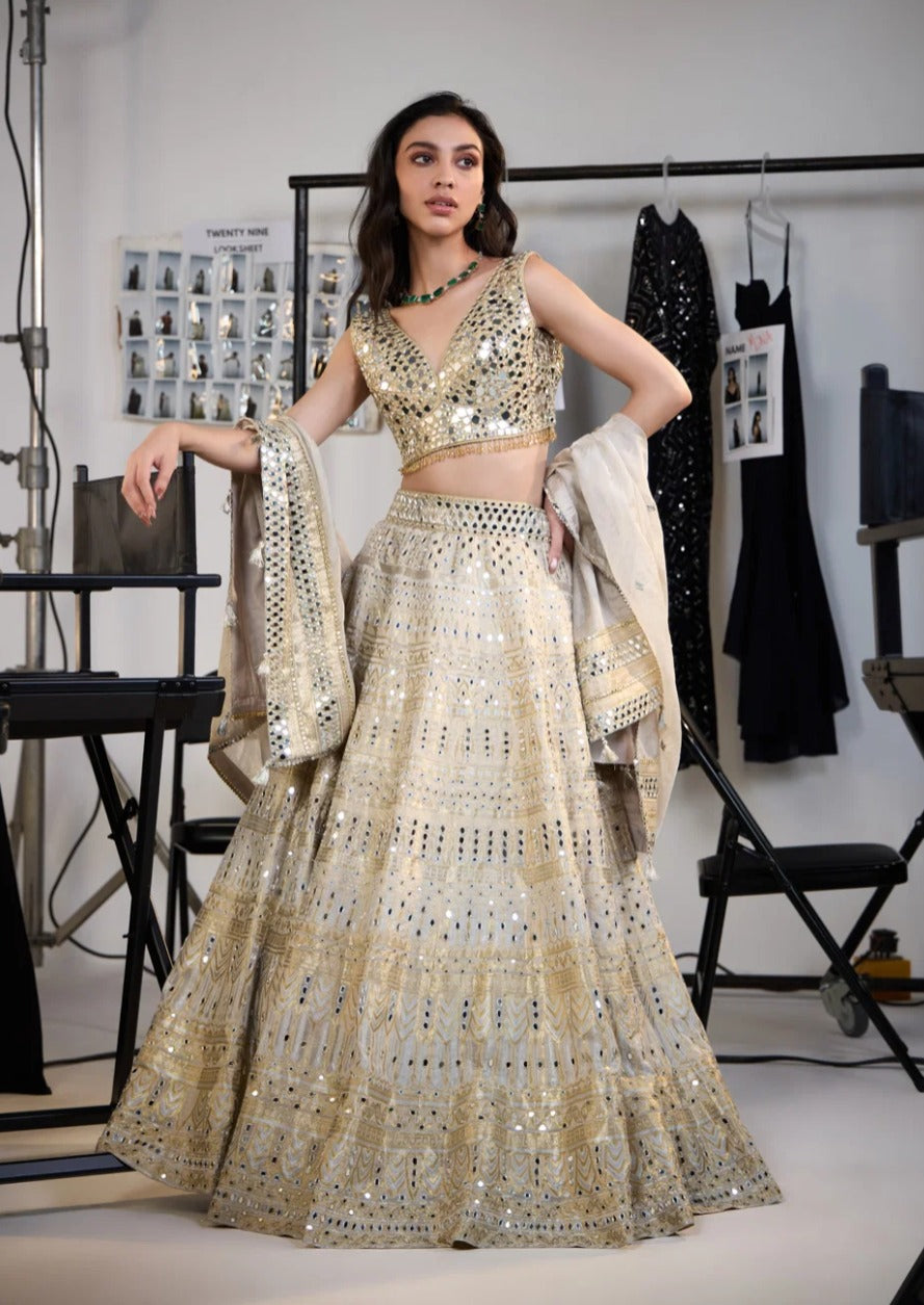 Golden Banarasi Brocade Lehenga Set With Dupatta by Twenty Nine