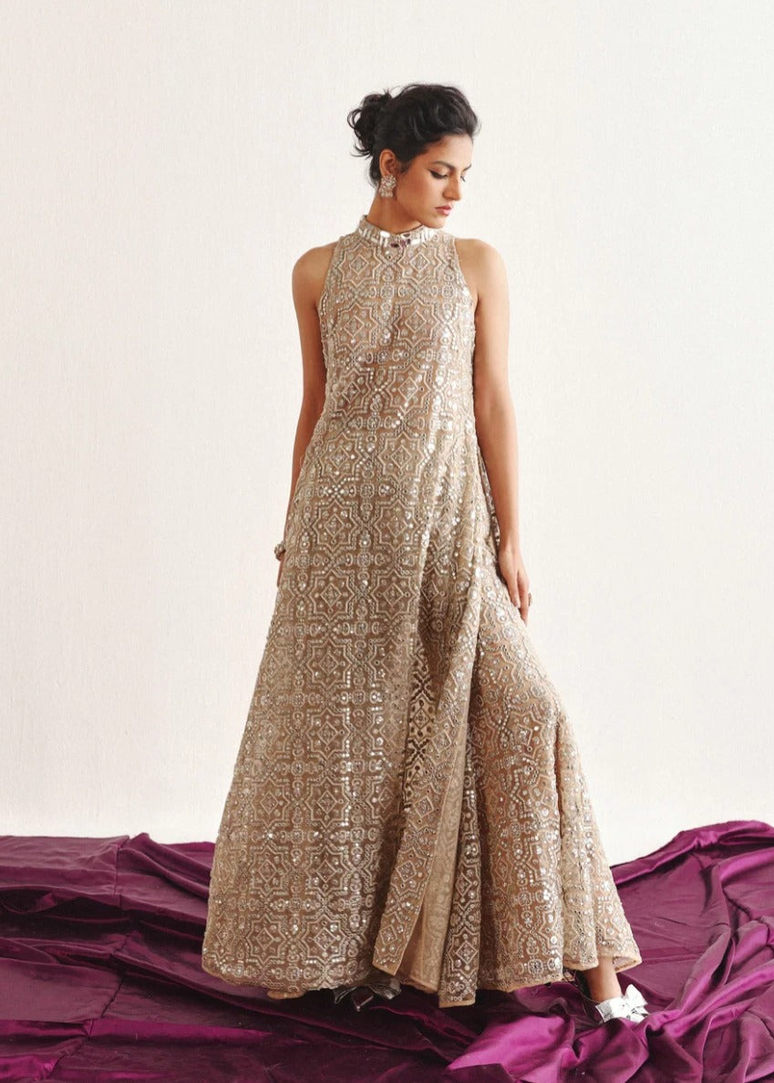 Dull Peach High-Neck Long Sleeveless Dress With Slits & Flared Sharara Set by Twenty Nine