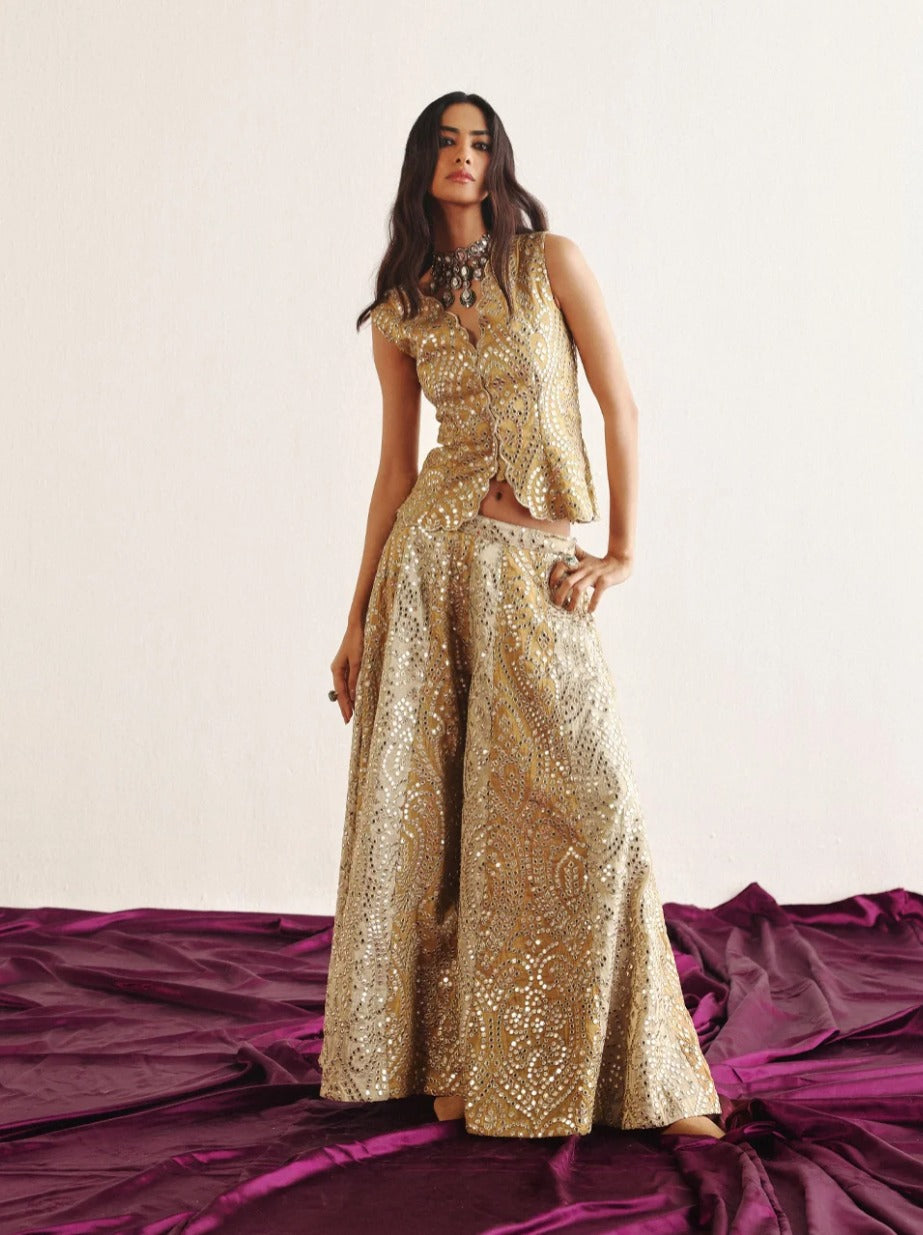 Golden Yellow Gilet, Dual Color Flared Sharara & Cape Set by Twenty Nine