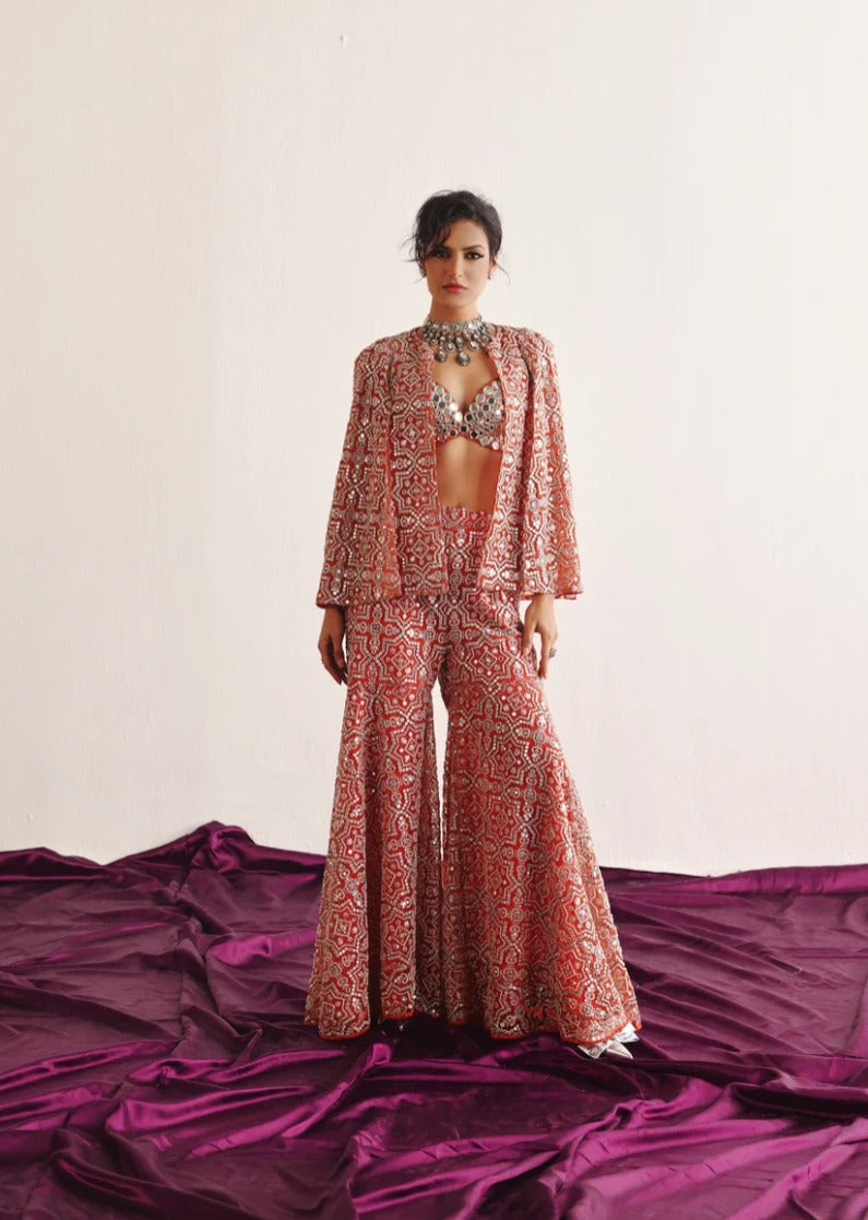 Rust Cape Sleeves Jacket, Mirrorwork Bralette & Sharara Set by Twenty Nine