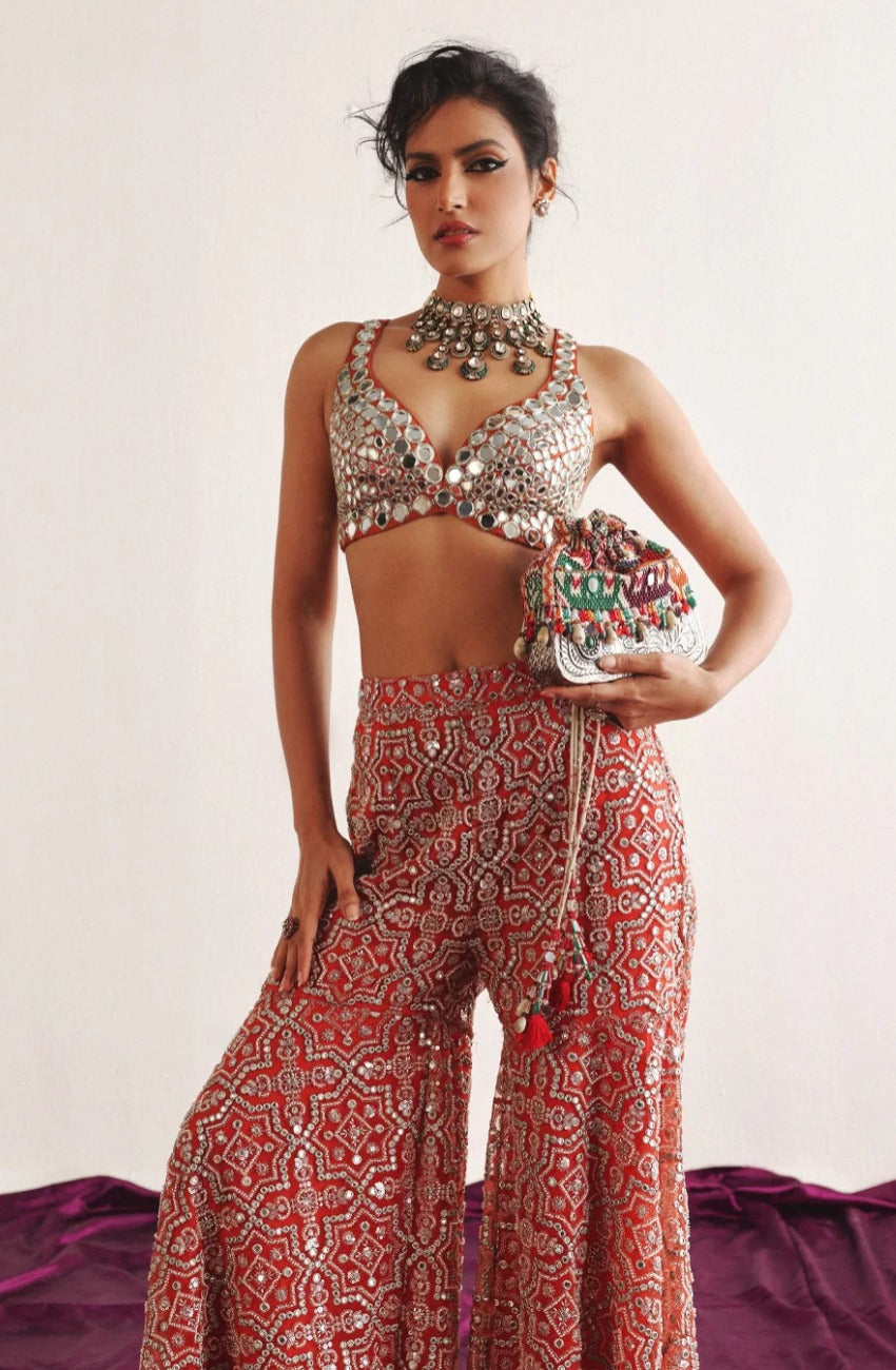Rust Cape Sleeves Jacket, Mirrorwork Bralette & Sharara Set by Twenty Nine
