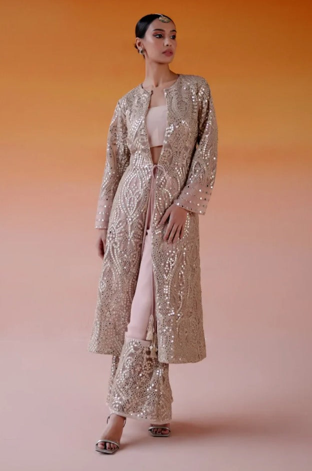 Blush Pink Long V Neck Tassel Jacket, Tissue Bandeau & Georgette Palazzos With Jaali Mirrorwork Set by Twenty Nine