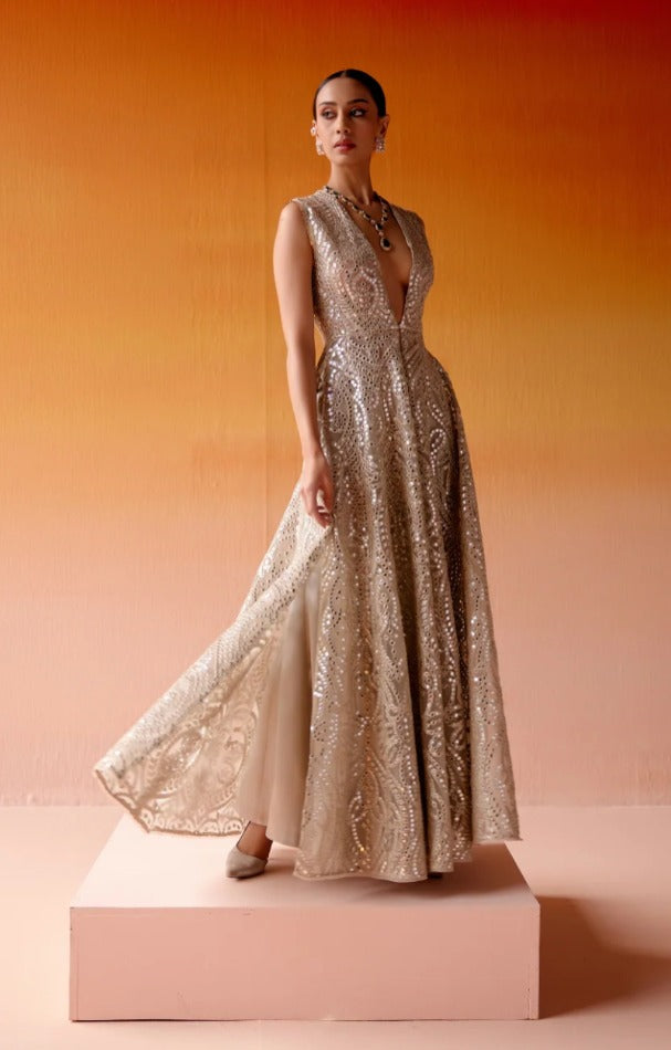 Silver Mirrorwork Long Sleeveless Jacket & Brocade Pants Set by Twenty Nine