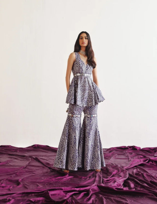 Aubergine Peplum Top With Scallops & Sharara With Mirrorwork Set by Twenty Nine