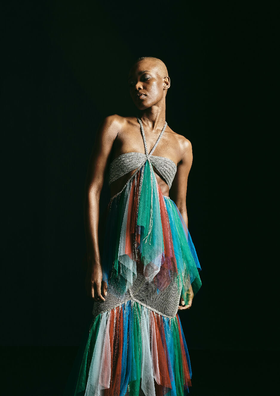 Multicolor Tulle Halter Gown