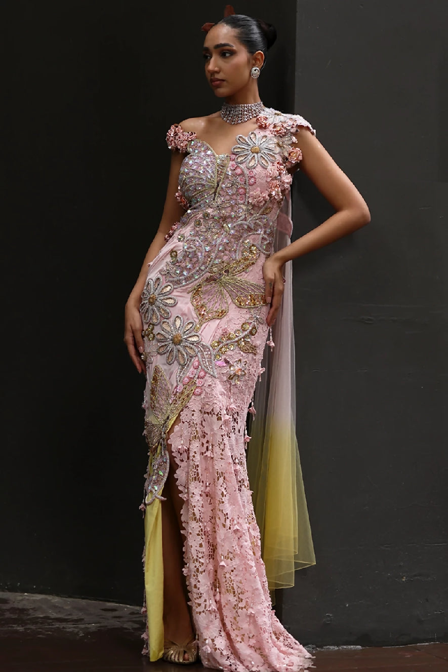 Solai One-Shoulder Pre-Draped Saree in Pink & Yellow