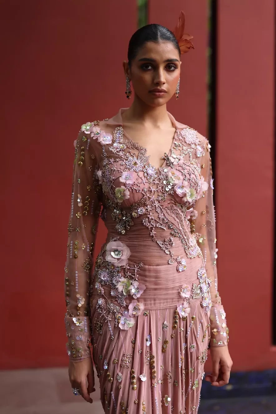 Chaya Collared Dress in Mocha Mousse & Peach