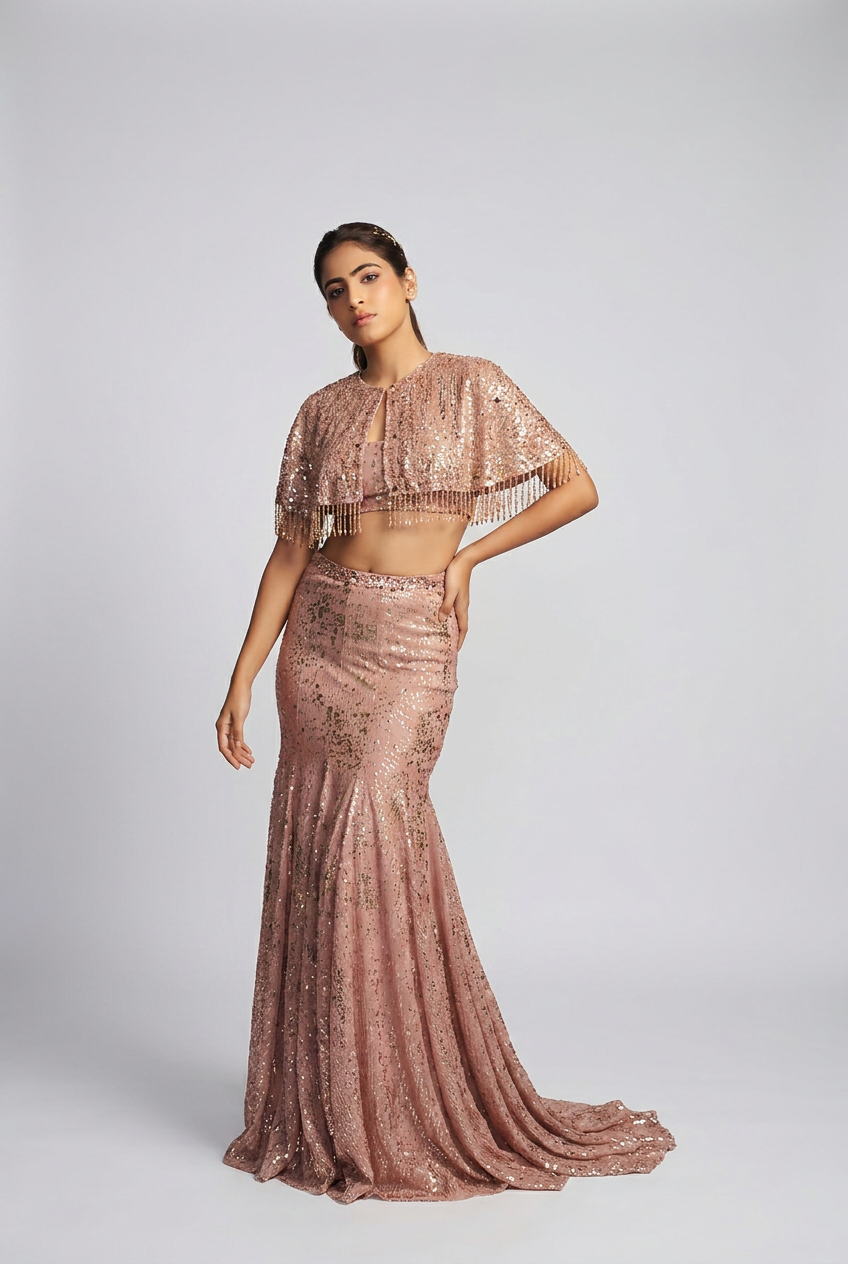 Embroidered Short Cape With Fishtail Skirt