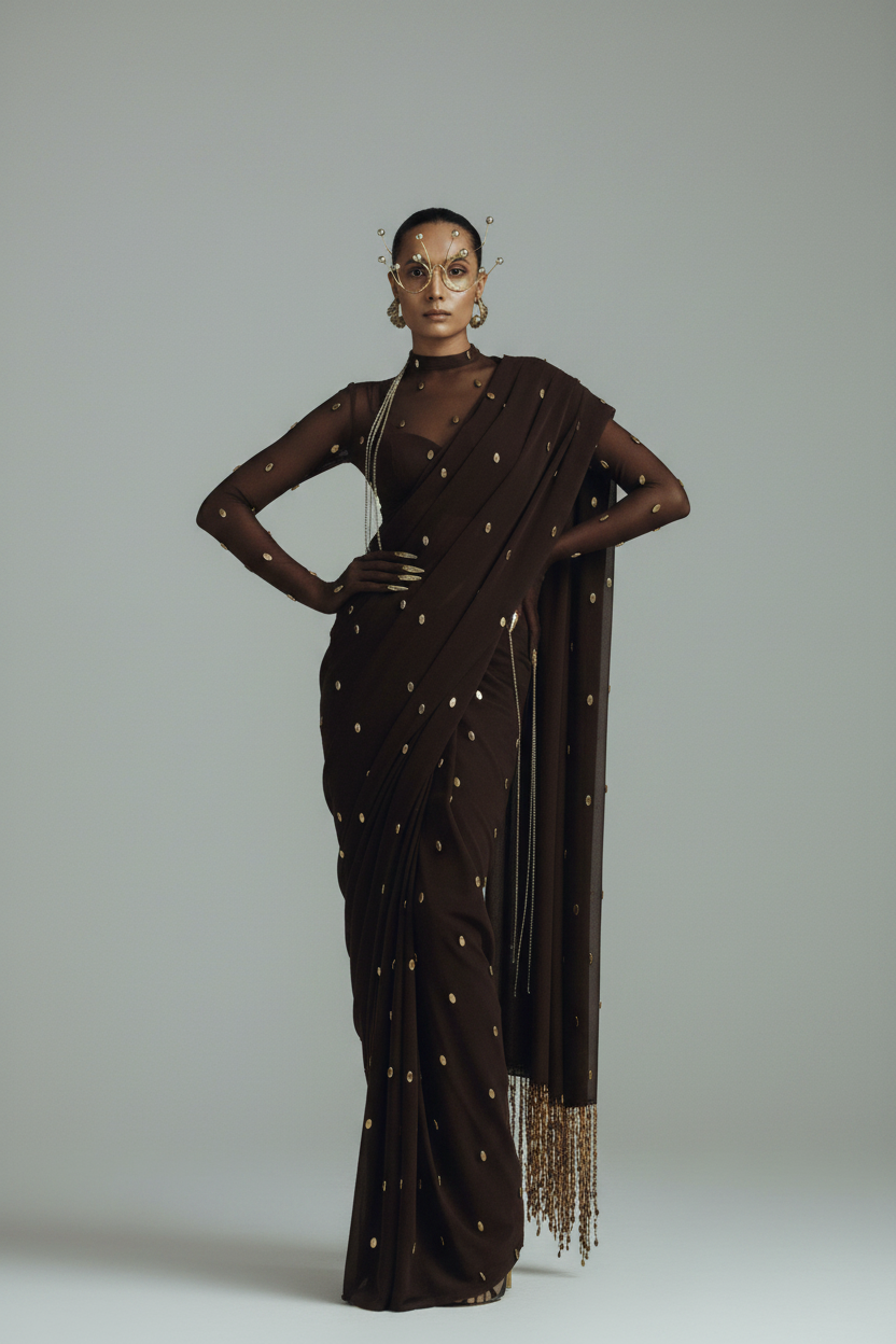 Cocoa Brown Polka Bead Embroidered Pre Stitched Saree + Body Suit Blouse