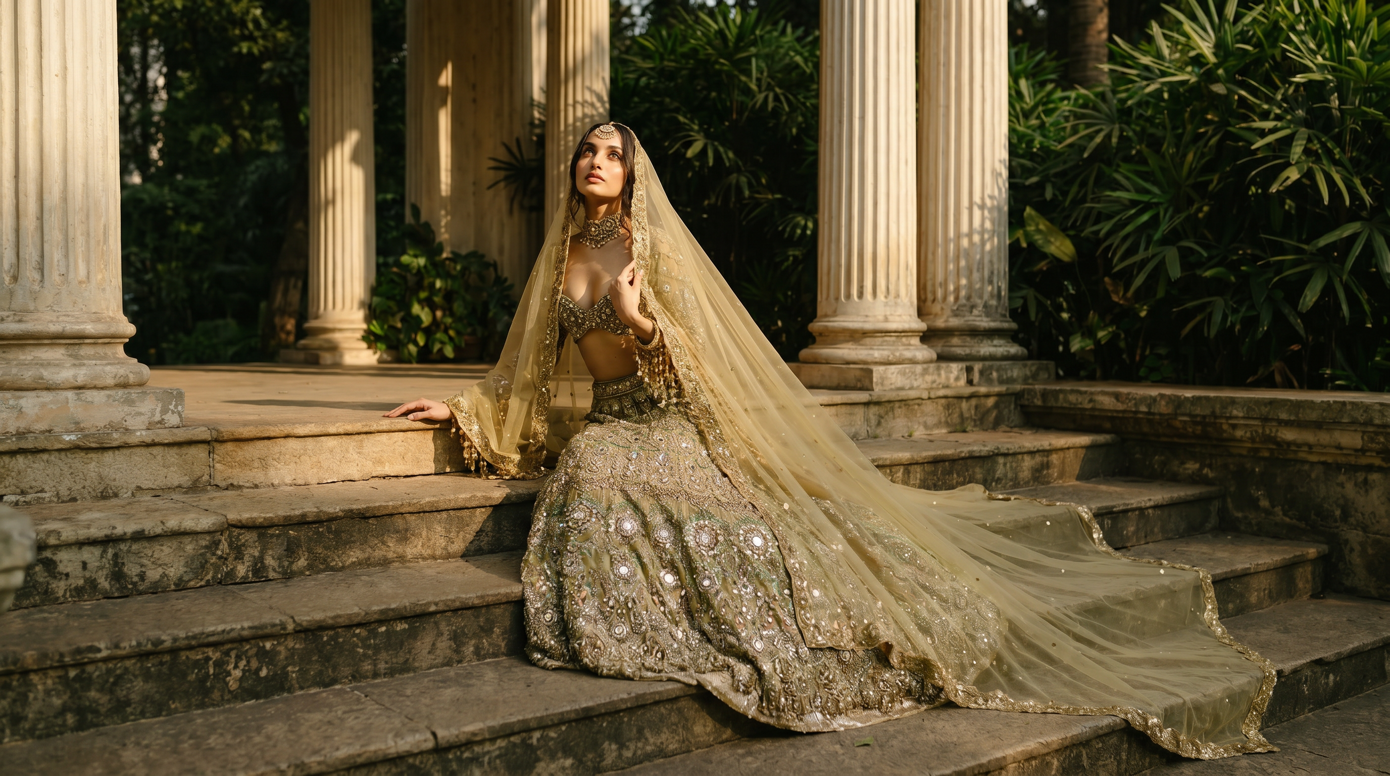 A woman wearing an ornate beige and gold embellished traditional gown with a long sheer veil sits on stone steps in front of classical columns and green foliage.