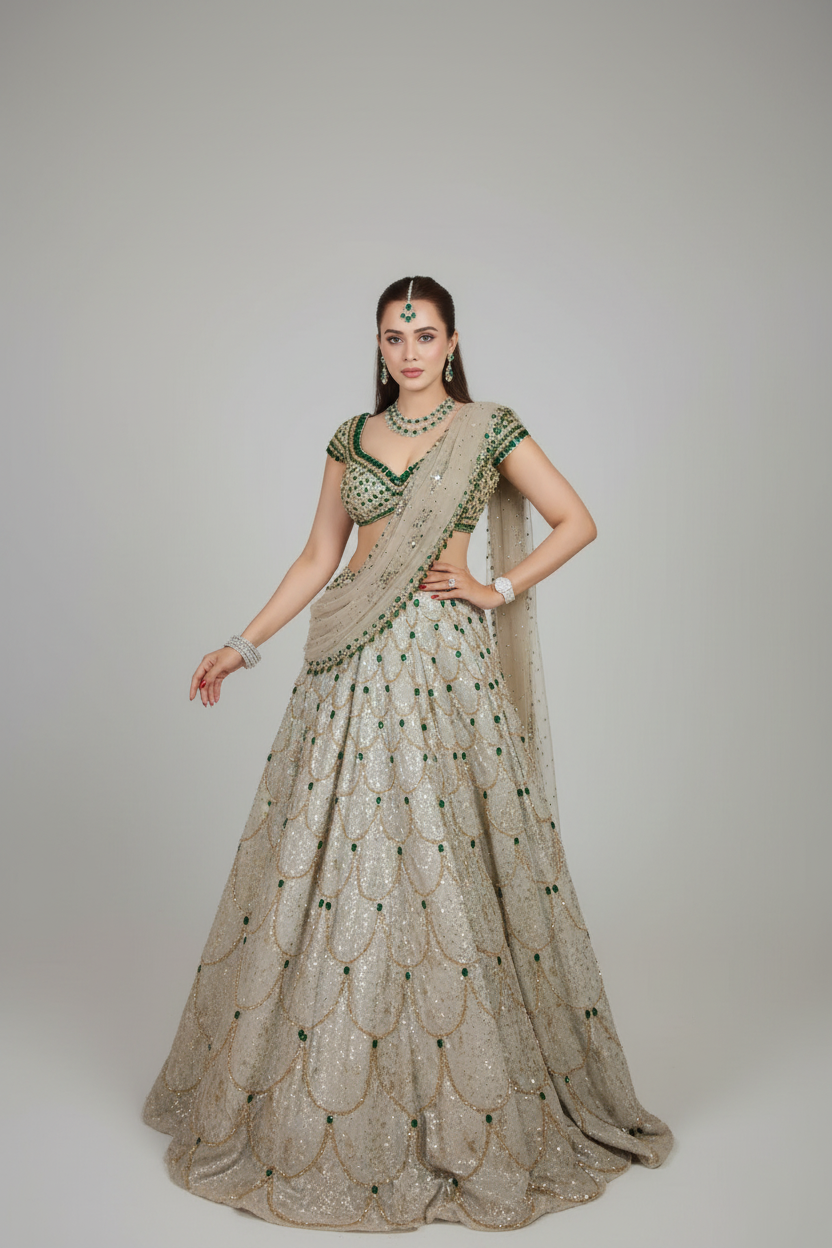 GREEN GOLD LEHENGA SET