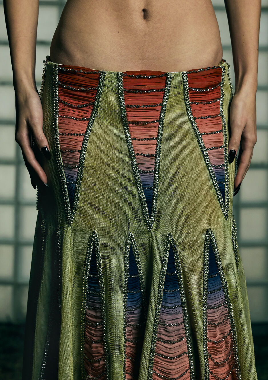 Gilded Blood-Red Godet Skirt