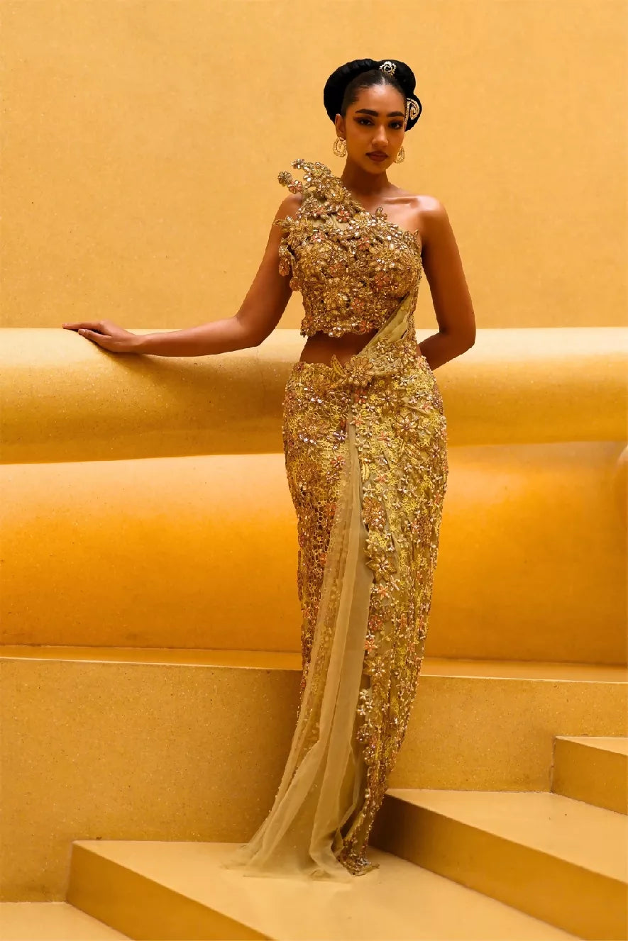 Ember 3D Structured Draped Saree in Cocoon & Yellow