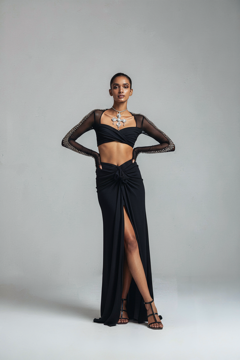Drape Skirt with Bejeweled Kundan Embroidered Glove Blouse
