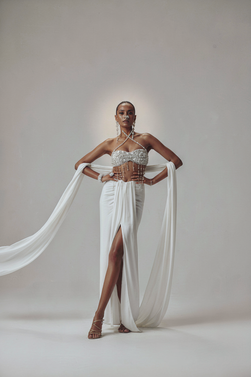 Draped Skirt with Attached Haath Phool Jewellery and Bejewelled Blouse with Multipurpose Straps