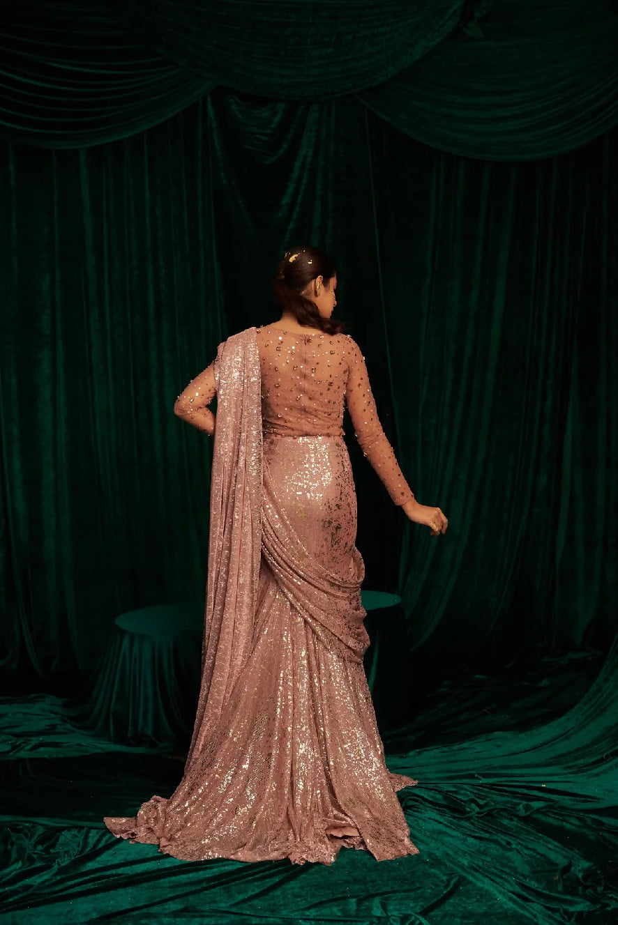 Full Sleeve Embellished Bodysuit With Fishtail Saree