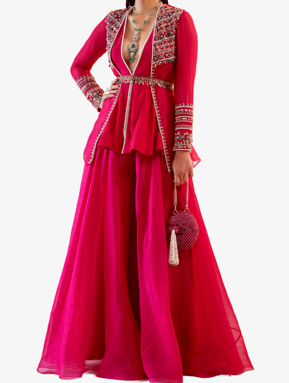 Fushia Peplum Top + Trousers Set