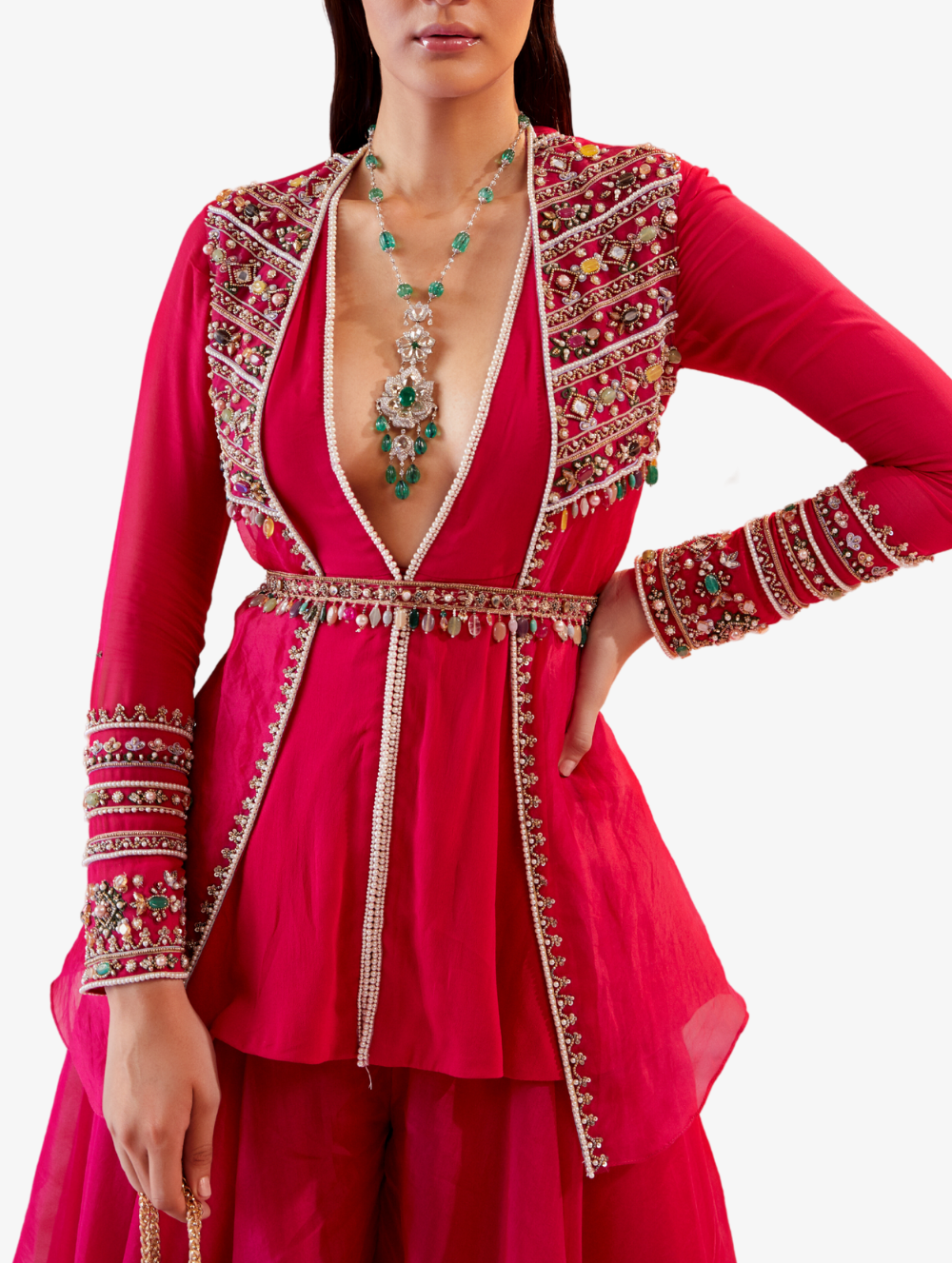 Fushia Peplum Top + Trousers Set