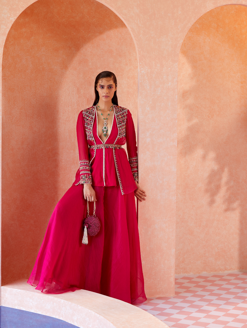 Fushia Peplum Top + Trousers Set