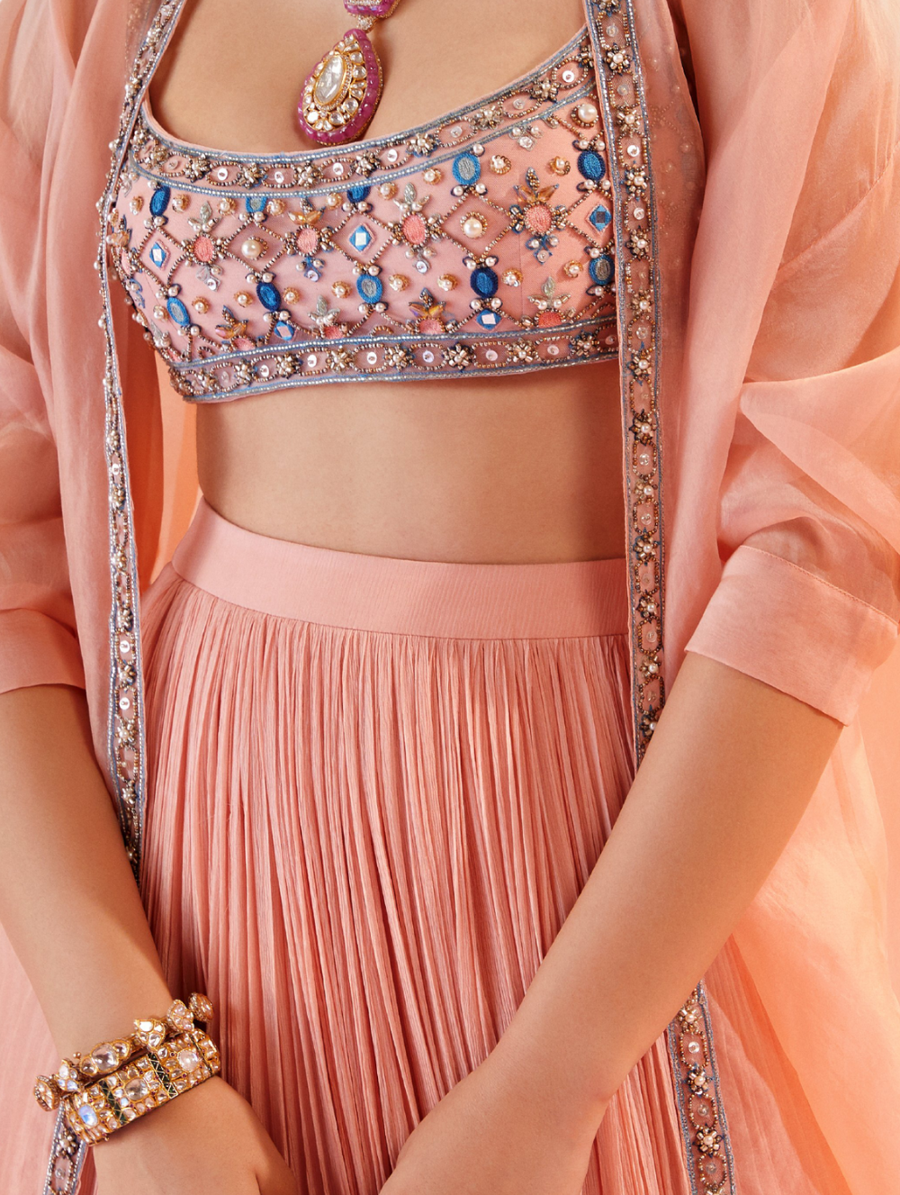 Peach embroidered Blouse + Skirt - Roxann