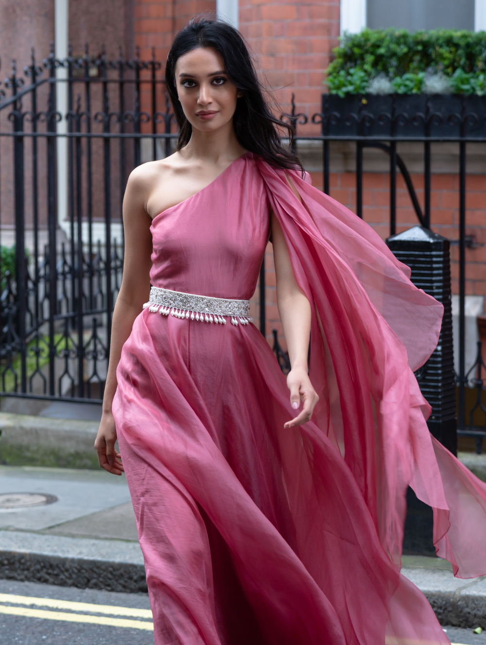 Pink one-shoulder organza jumpsuit