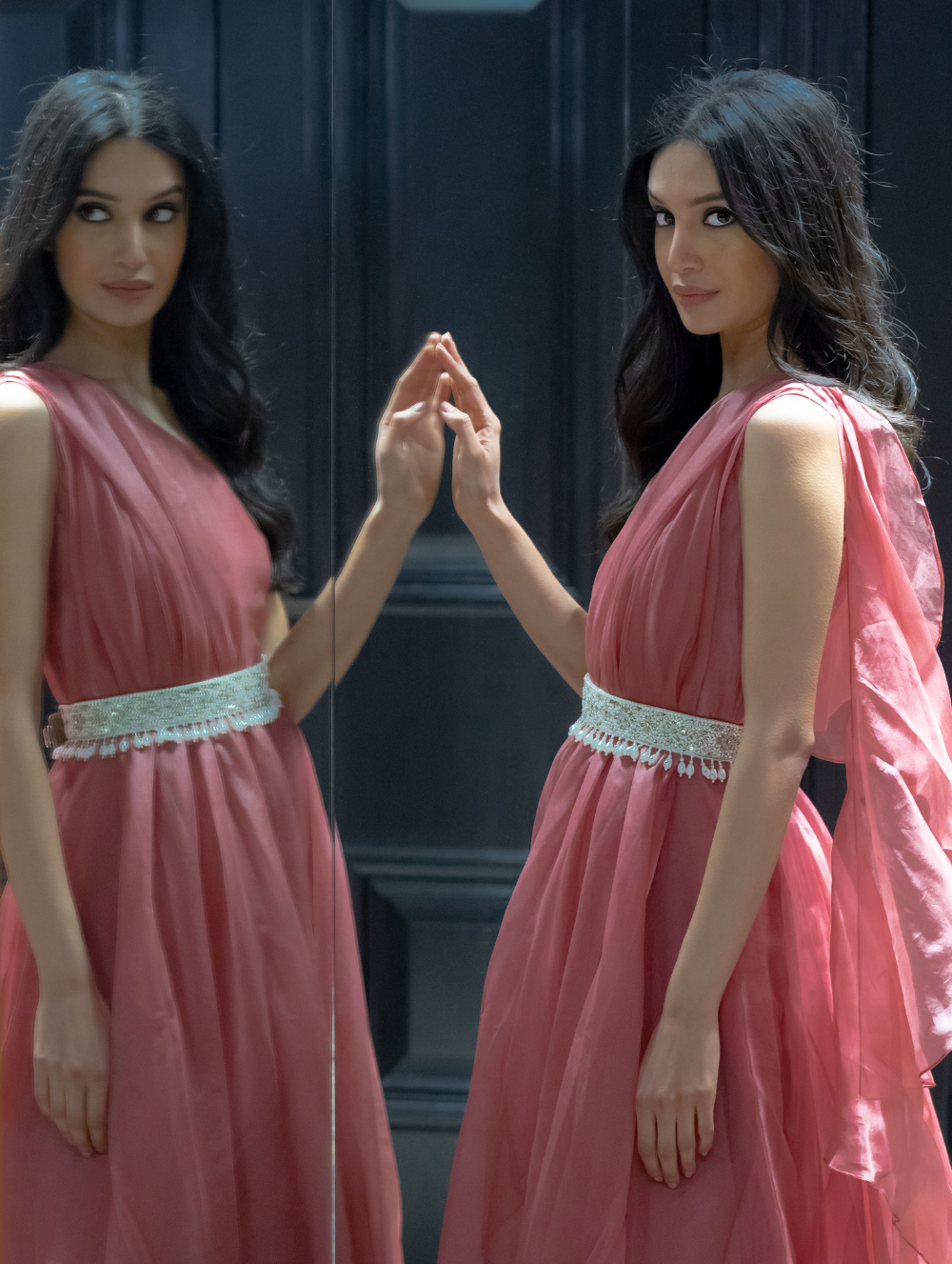 Pink one-shoulder organza jumpsuit