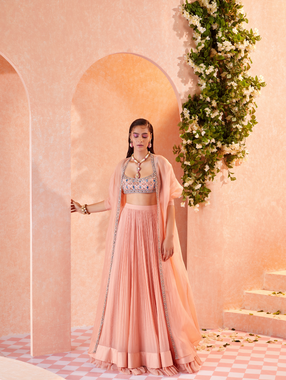 Peach embroidered Blouse + Skirt - Roxann