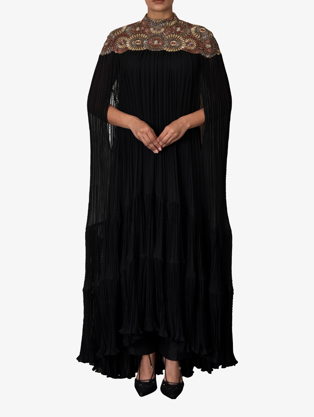 Black chiffon cape with a dupion drape