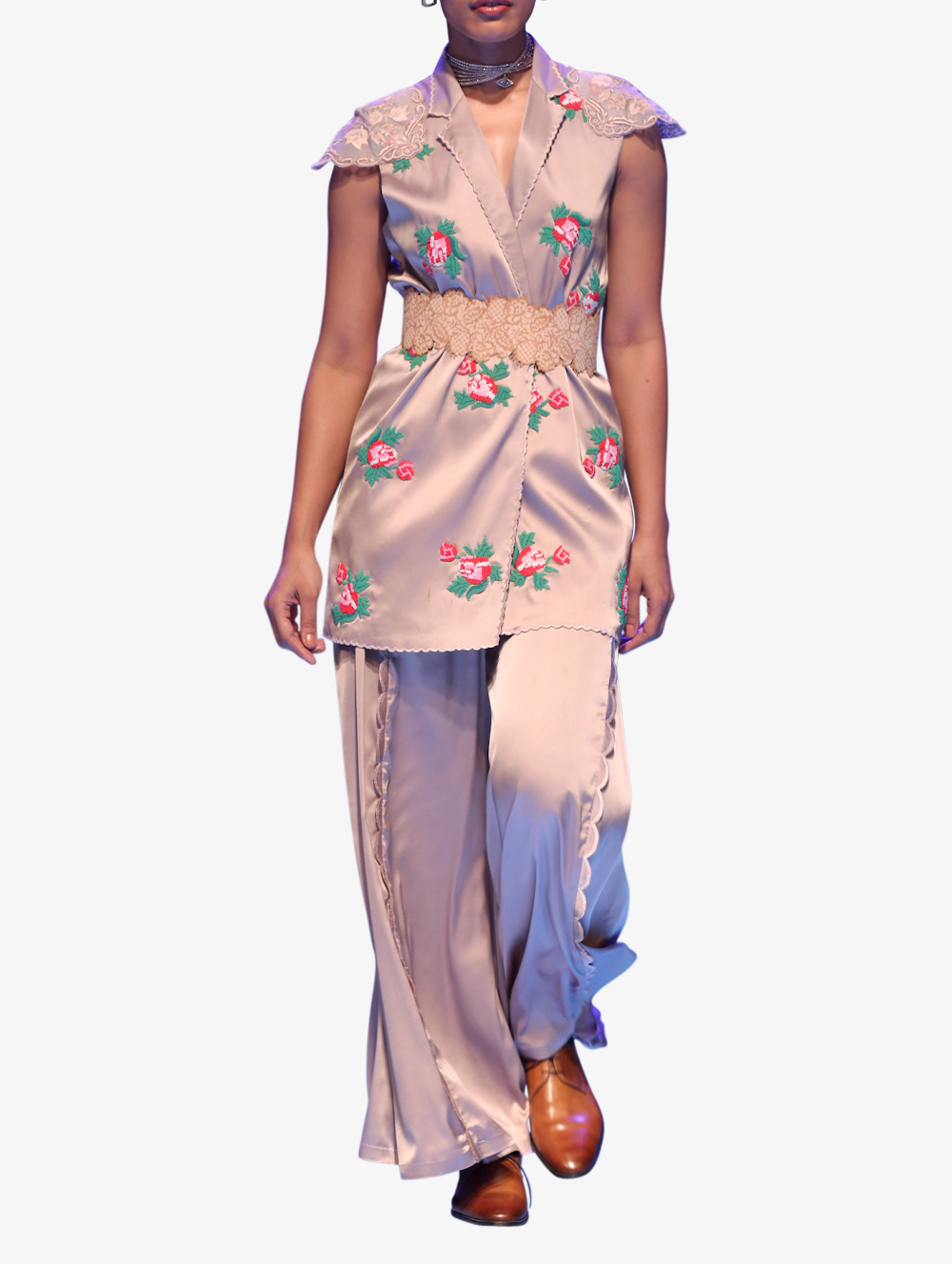 Grey floral embroidered jacket with trousers